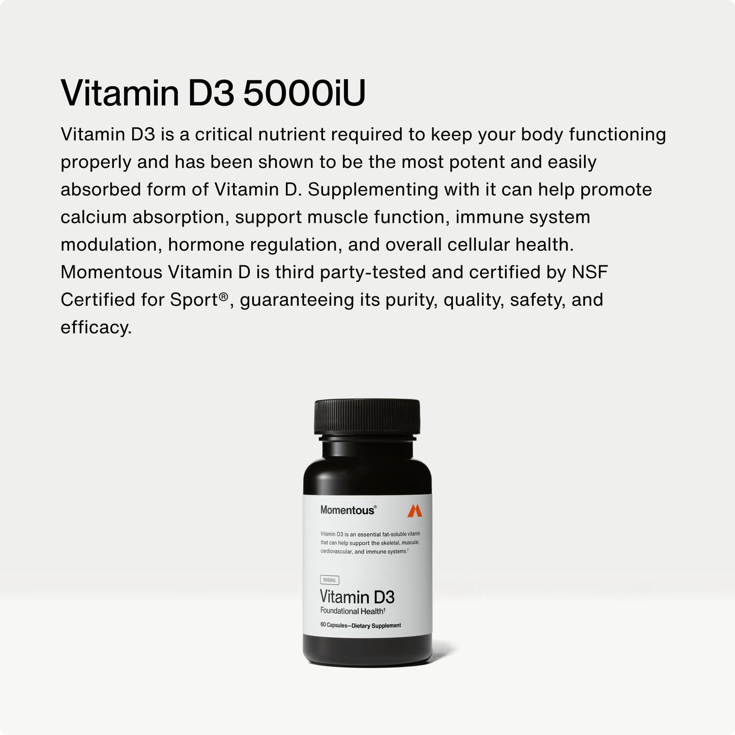 Momentous Vitamin D3 Supplement - 5,000 IU Capsules for Foundational Health Support - NSF Certified for Sport - Gluten Free - 60 Servings