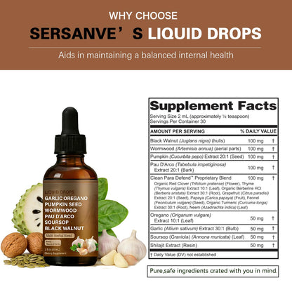 SERSANVE Natural Black Walnut Wormwood Gut Cleanse | Black Walnut Clove Drops with Pumpkin Seed, PAU D’Arco, Soursop, Garlic and Oregano | Vegan, Alcohol-Free Formula for Digestion Support, 2 fl oz SERSANVE buy supplements Au