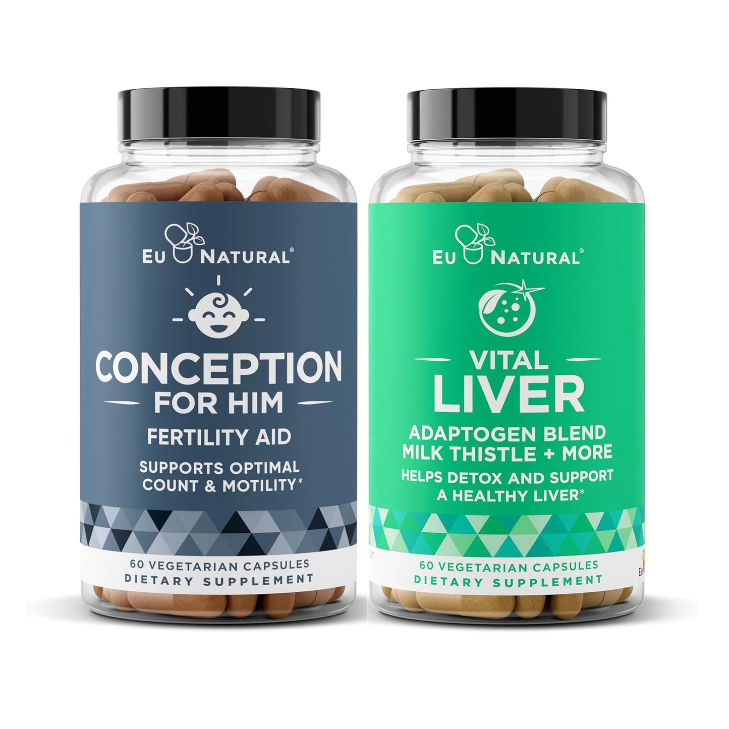 Two dietary supplement bottles labeled 'Conception for Him' and 'Vital Liver' on a white background.