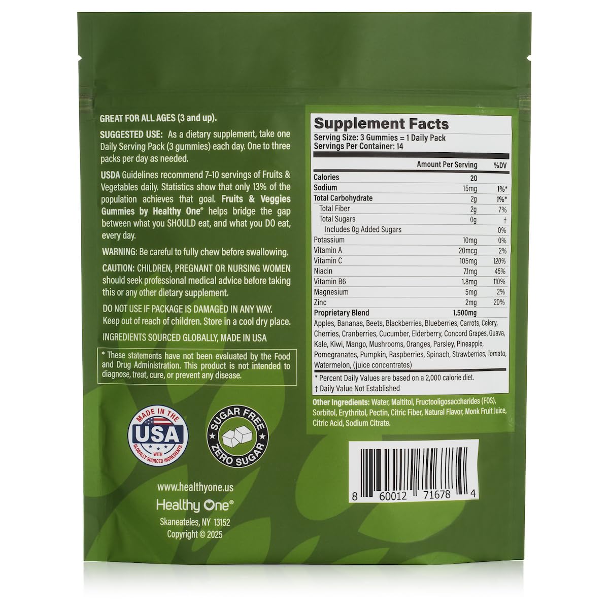 Fruits & Veggies Sugar-Free Gummies - 27 Whole Foods - Equals 3 Servings of Fruits & Vegetables - Improve Energy, Focus & Immune Function - Fiber - Antioxidants - Organic Ingredients - 14 Packets Healthy One buy supplements Au