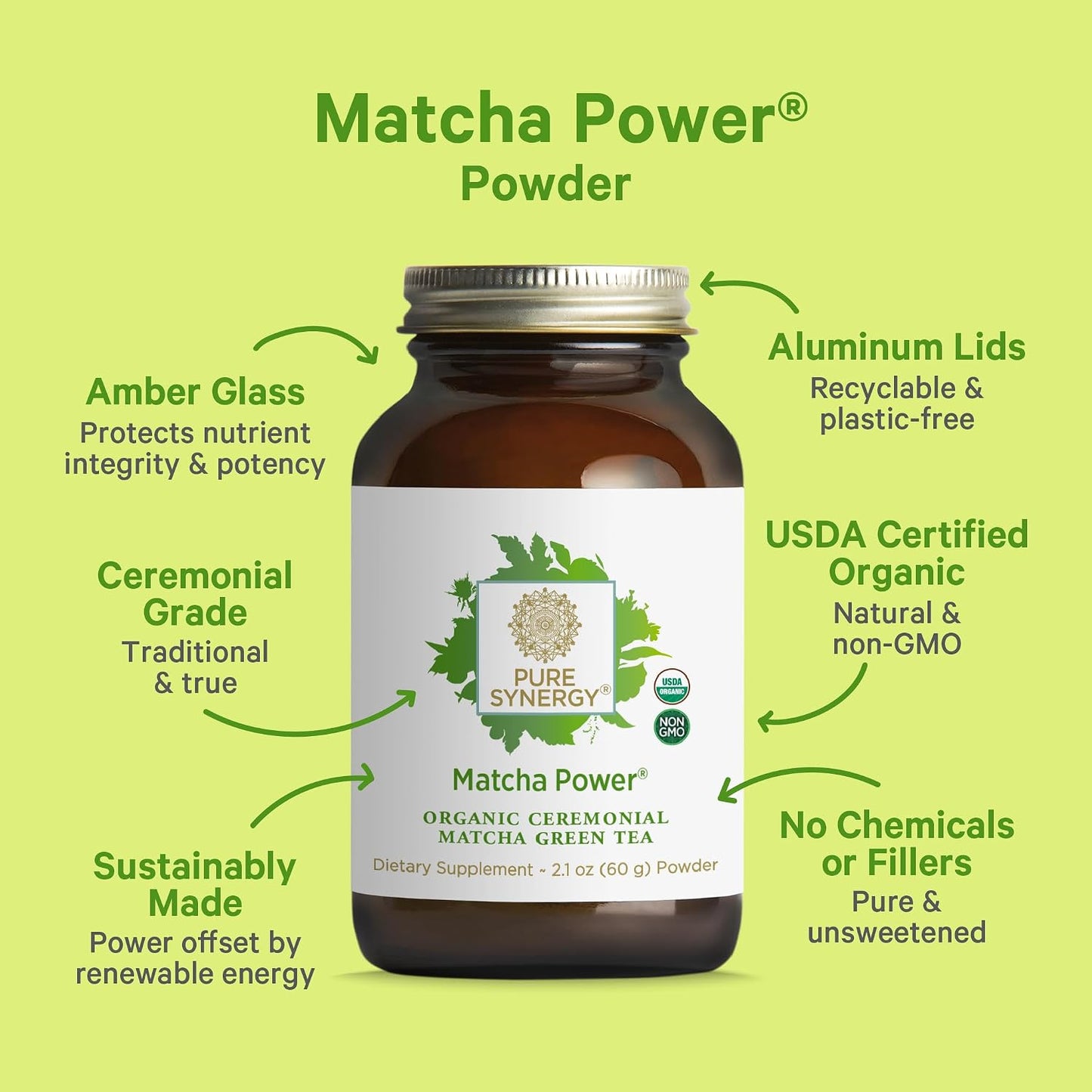PURE SYNERGY Matcha Power | Organic Matcha Powder | Ceremonial Grade Japanese Green Tea Powder | For Enhanced Energy & Alertness (2.1 oz)