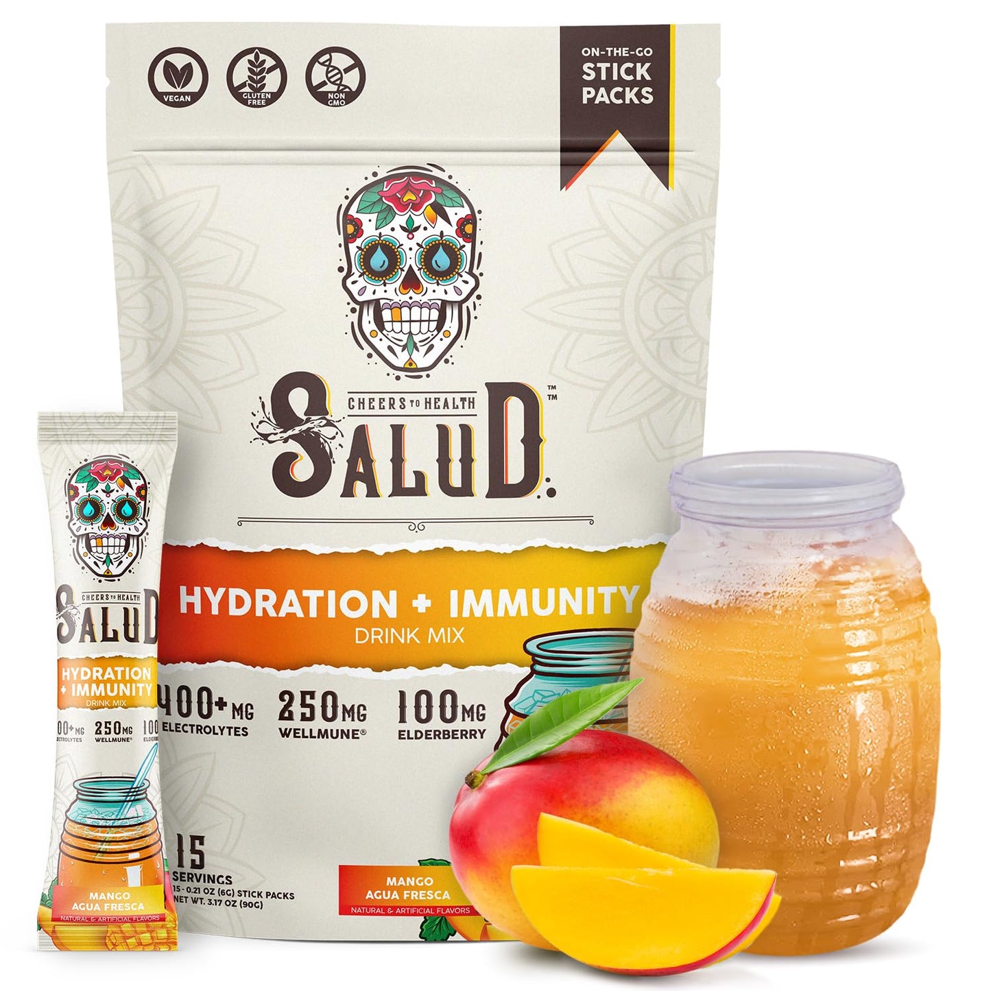 Salud 2-in-1 Hydration + Immunity Drink Mix, Cucumber Lime | Electrolytes Powder, Agua Fresca, Elderberry, Dairy & Soy Free, Non-GMO, Gluten Free, Vegan, 1g Sugar (15 Servings)