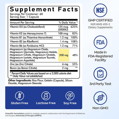UBIOSKA Vitamin D3 K2 Magnesium, 5000 IU D3, K2 as MK-7, 60 Capsules | 8-form magnesium with glycinate, taurate and malate, plus B vitamins and zinc for daily bone, muscle and immune support