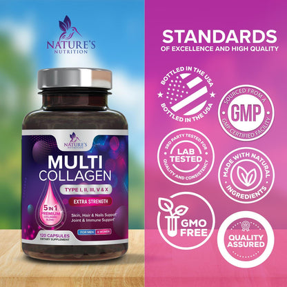 Multi Collagen Pills - Multi Collagen Complex 2400 mg Per Serving - Types I, II, III, V, X - Hydrolyzed Collagen Peptides Supplement - Hair, Skin & Nail Support - Bottled in the USA - 120 Capsules Nature's Nutrition buy supplements Au