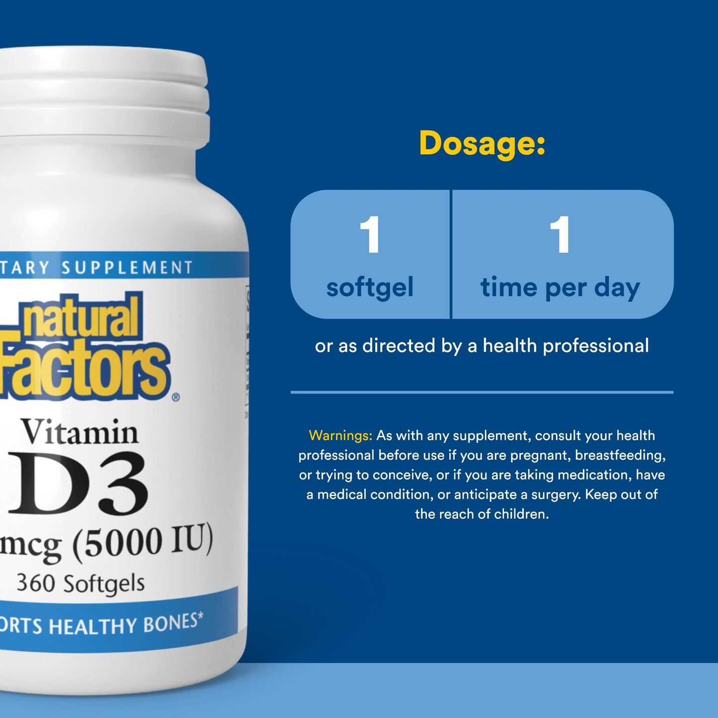 Natural Factors, Vitamin D3 5000 IU (125 mcg), Supports Strong Bones, Muscles and Immune Function, 360 Softgels Natural FactorsBuy Supplements Australia