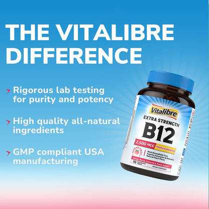 Vitalibre Vitamin B12 2500 mcg, Extra Strength Sublingual Methylcobalamin, Natural Peach Flavor, Nervous System, Energy Support, No Sugar, 90 Fast Dissolve Tablets