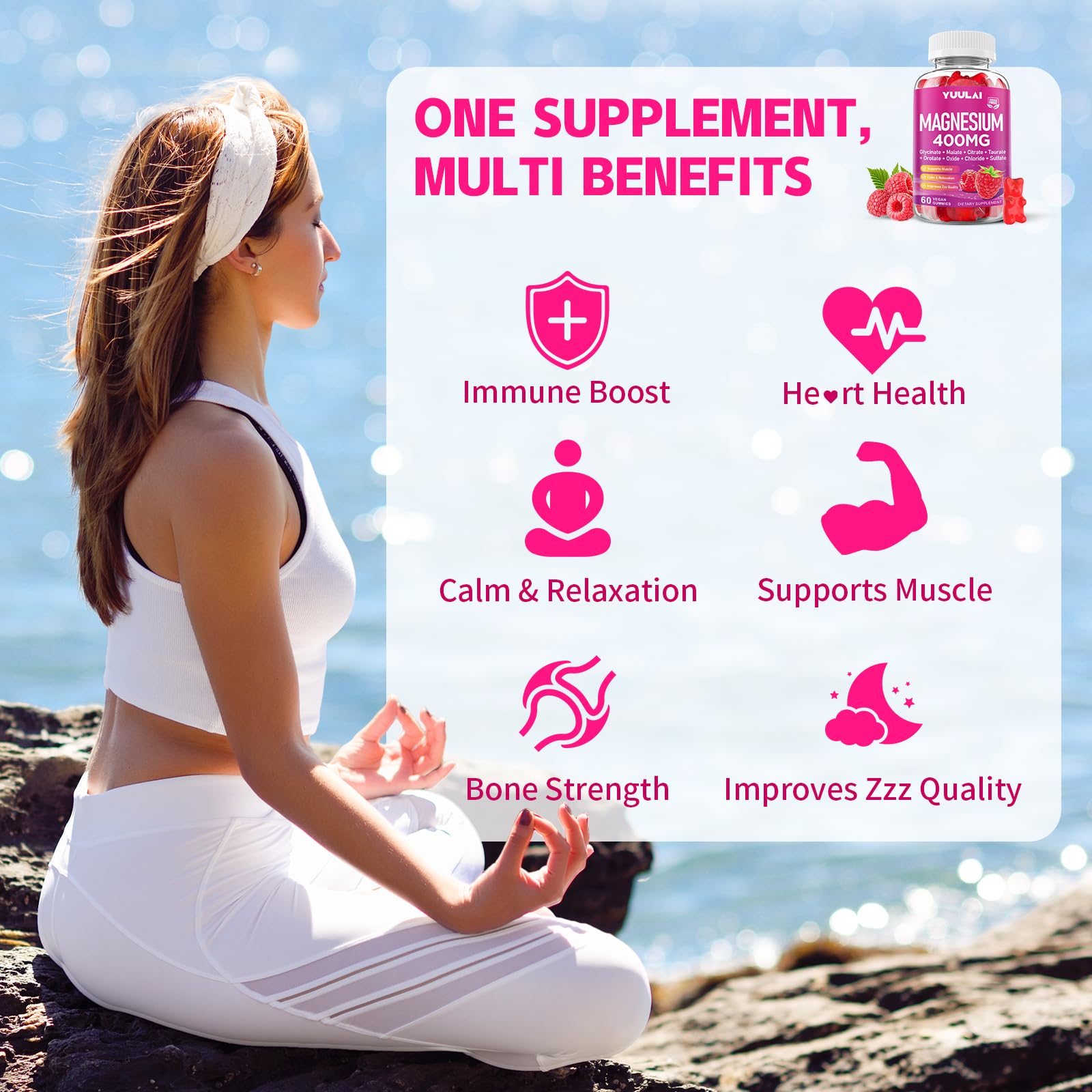 Pack of 2 Magnesium Complex Gummies 400mg, Magnesium Glycinate, Malate, Citrate, Taurate, Oxide & More | w/Ashwagandha Extract, D3 & B12 for Calm, Zzz, Relaxation, Raspberry Flavor, 120 Count YUULAI buy supplements Au