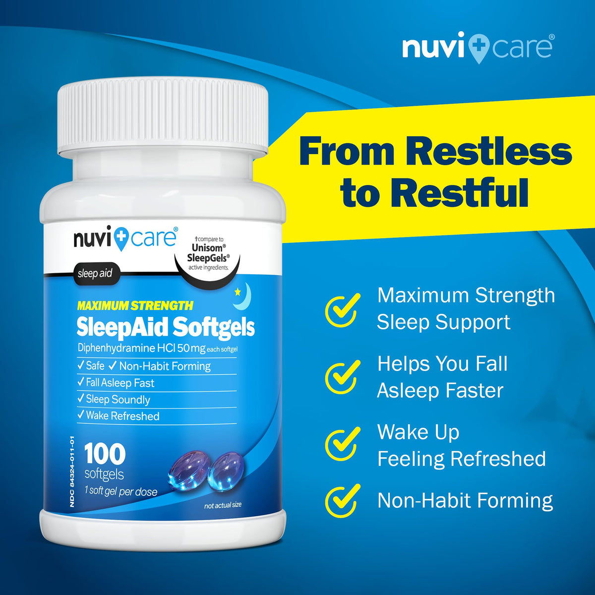 NUVICARE Maximum Strength SleepAid Soft Gels - Nighttime Sleep Aid with Diphenhydramine HCl 50mg - Non Habit Forming Sleeping Pills for Adults - Extra Strong OTC Sleep Aids for Adults (100 Count) NUVICARE buy supplements Au
