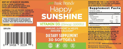 Basic Brands Happy Sunshine Vitamin D3 1000 IU | Immune & Bone Health, Muscle Function, Vitamin D3 25 mcg (1,000 IU), Gluten-Free, Non-GMO, 30 Softgels
