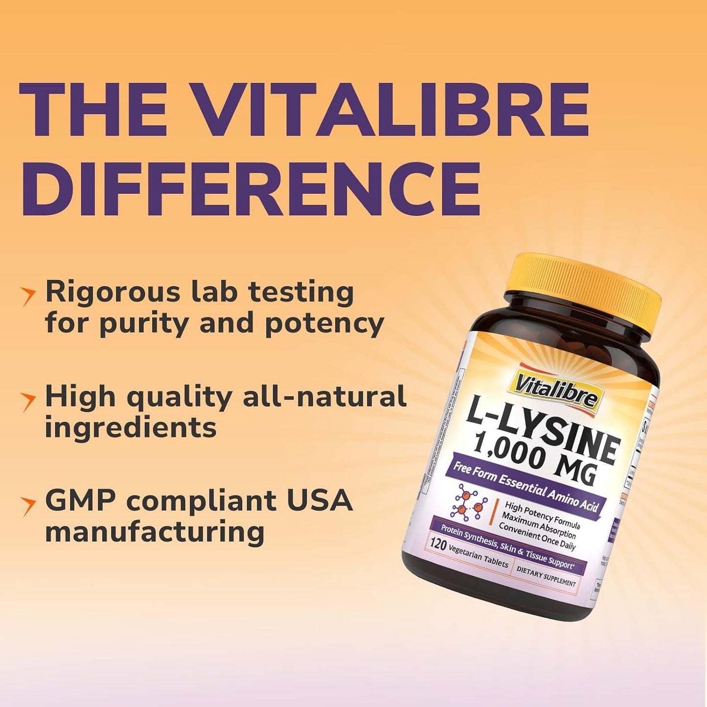 Vitalibre L-Lysine 1000 mg, High Potency L-Lysine HCl, Free Form Essential Amino Acid, Protein & Collagen Synthesis, Immune Support, Maximum Absorption, Vegan, 120 Tablets