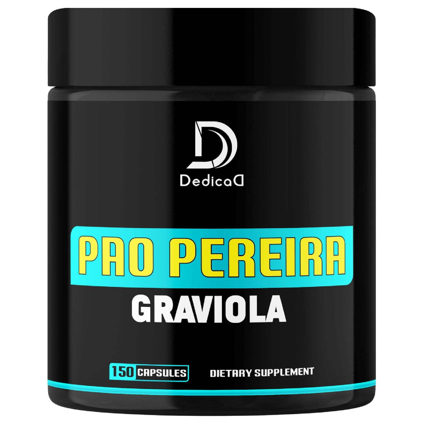Black supplement container with 'Dedica' branding and 'Pao Pereira Graviola' text on a white background