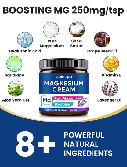 Venture Pal Topical Magnesium Cream, Highly Concentrated Magnesium Lotion | Fast-Absorbing Magnesium Moisturizing Cream with Coconut Oil, Shea Butter & Hyaluronic Acid; Suitable for Kids