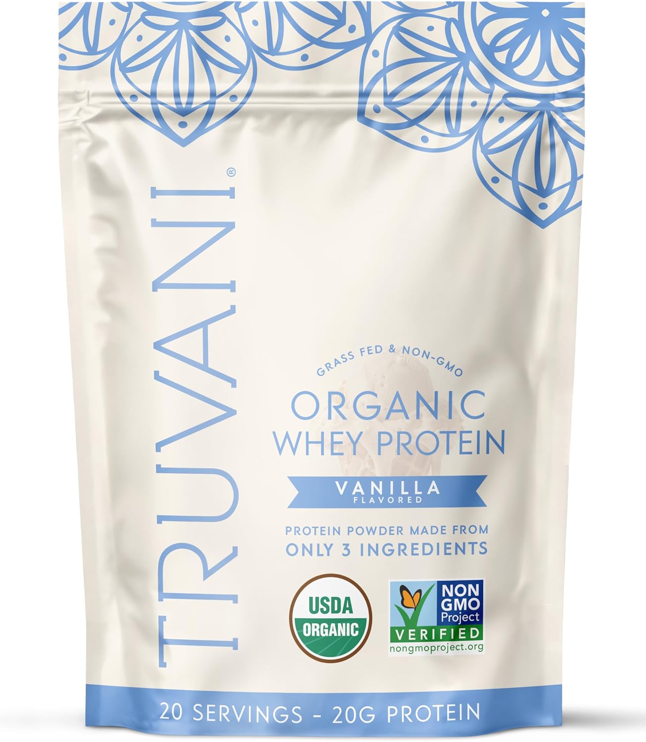 Truvani Organic Whey Protein Powder | Vanilla | 20 Servings | 20g Grass Fed Whey Protein | USDA Organic & Non-GMO | Gluten Free | No Gums, No Soy, No Stevia, No Added Sugars