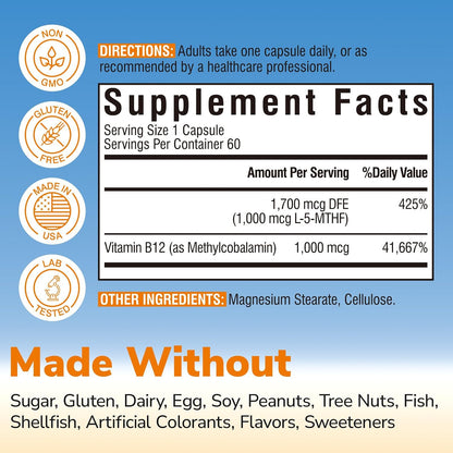 Vitalibre Methyl Folate 1000 mcg, L-5-MTHF with Methylcobalamin B12, Heart & Blood Health, Healthy Nervous System, Energy Support, Vegan, Bioactive Form, Best Absorption, 60 Capsules