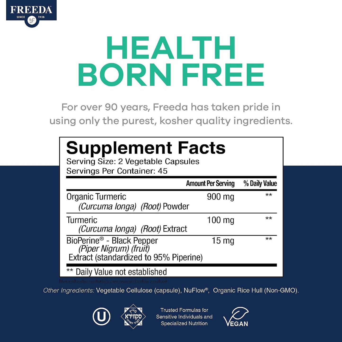 FREEDA Turmeric Curcumin Supplement 1000mg with Black Pepper - 90 Caps | Vegan Turmeric Curcumin Supplement with Organic Turmeric Root, Curcumin Extract & Black Pepper for Daily Mobility