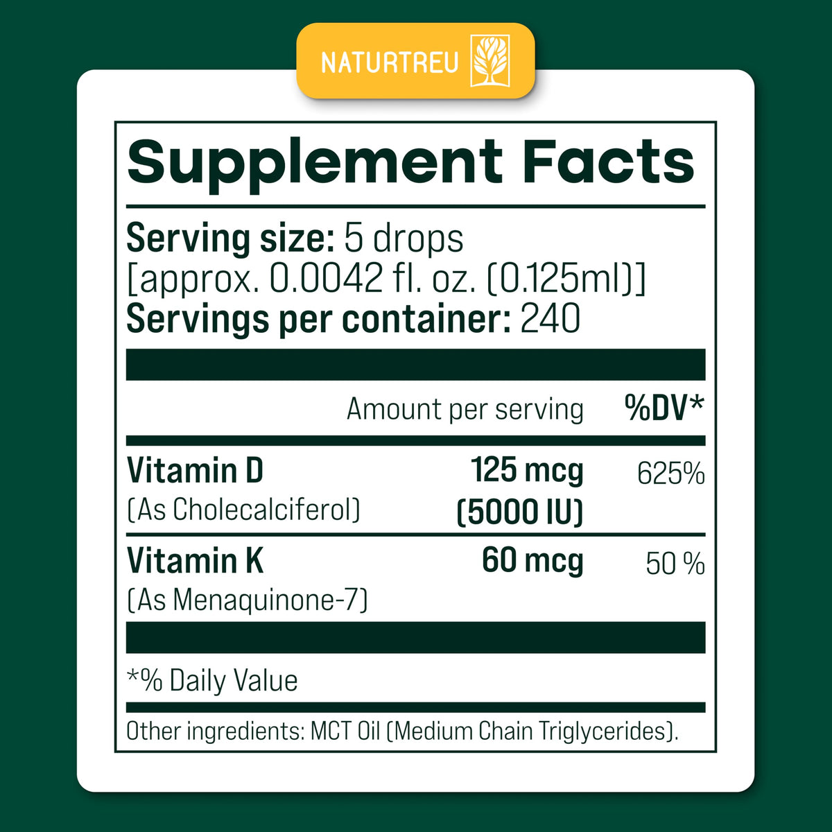 NATURTREU Vegan Vitamin D3 K2 Liquid Drops with MCT Oil for Adults (240 Servings) - Liquid Vitamin D K2 MK7 - All Natural, Non-GMO & Dr Formulated with 3X More Absorption - Third-Party Tested NATURTREUBuy Supplements Australia