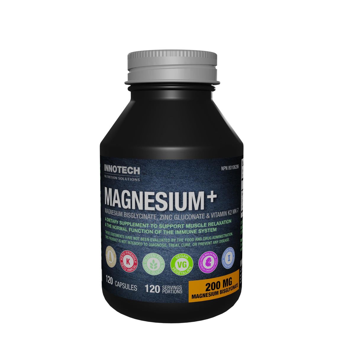 Supplement bottle labeled 'Magnesium+' on a white background