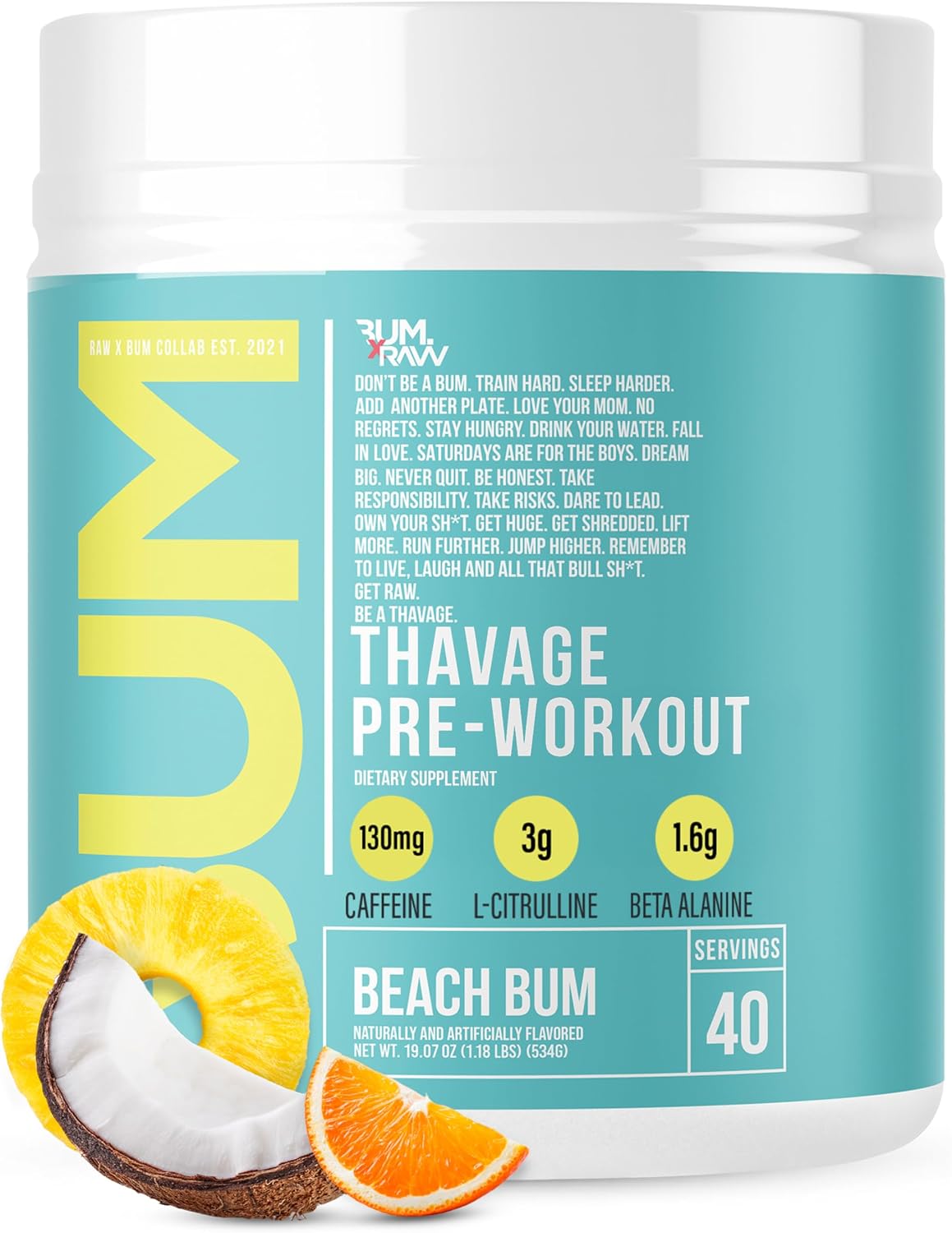 RAW Pre Workout Powder, Thavage (Beach Bum) - Chris Bumstead Sports Nutrition Supplement for Men & Women - Cbum Pre Workout for Working Out, Hydration, Mental Focus & Energy - 40 Servings