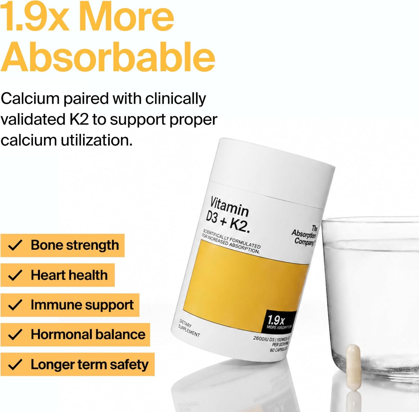 The Absorption Company Vitamin D3 K2-60 Muscle Support Capsules - 5000iu | Bioavailable Heart Health Aid, Workout & Sore Recovery Supplement, Bone & Immune Health Vitamins, 1.9x Higher Absorption