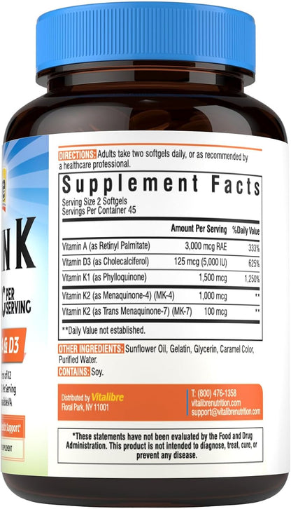 Vitalibre Vitamin K Complex 2600 mcg with Vitamin A & D3 5000 IU | Bioavailable K2 D3 Vitamin Supplement, Full Spectrum, for Bone Strength and Heart Health, 90 Softgels