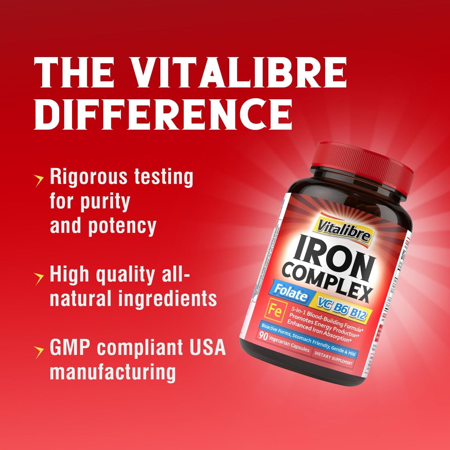 Iron Supplement for Women & Men, with Vitamins C, B6, B12 & Folate | for Iron Deficiency, Blood Building & Energy Support, Stomach Friendly, Better Absorption, Non-GMO, No Gluten, 60 Vegan Caps