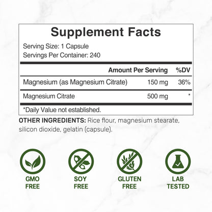 Deal Supplement Magnesium Citrate 500mg, 240 Capsules | One a Day, Easily Absorbed, Purified Trace Mineral – Non-GMO