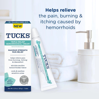 Tucks Triple Relief Hemorrhoidal Cream, Maximum Strength Pain Relief from Burning, Itching and Discomfort, with Witch Hazel, Treatment, Brand Used by Hospitals, 0.9oz. (26g) TUCKSBuy Supplements Australia