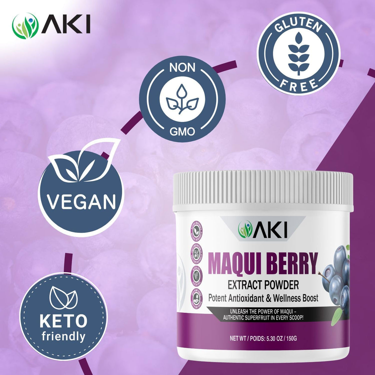AKI Maqui Berry Extract Powder – Wild Harvested from Patagonia, High in Anthocyanins & Polyphenols, Freeze-Dried Superfruit for Smoothies, Non-GMO, Vegan, 150g/ 5.3 oz AKI ORGANIC buy supplements Au