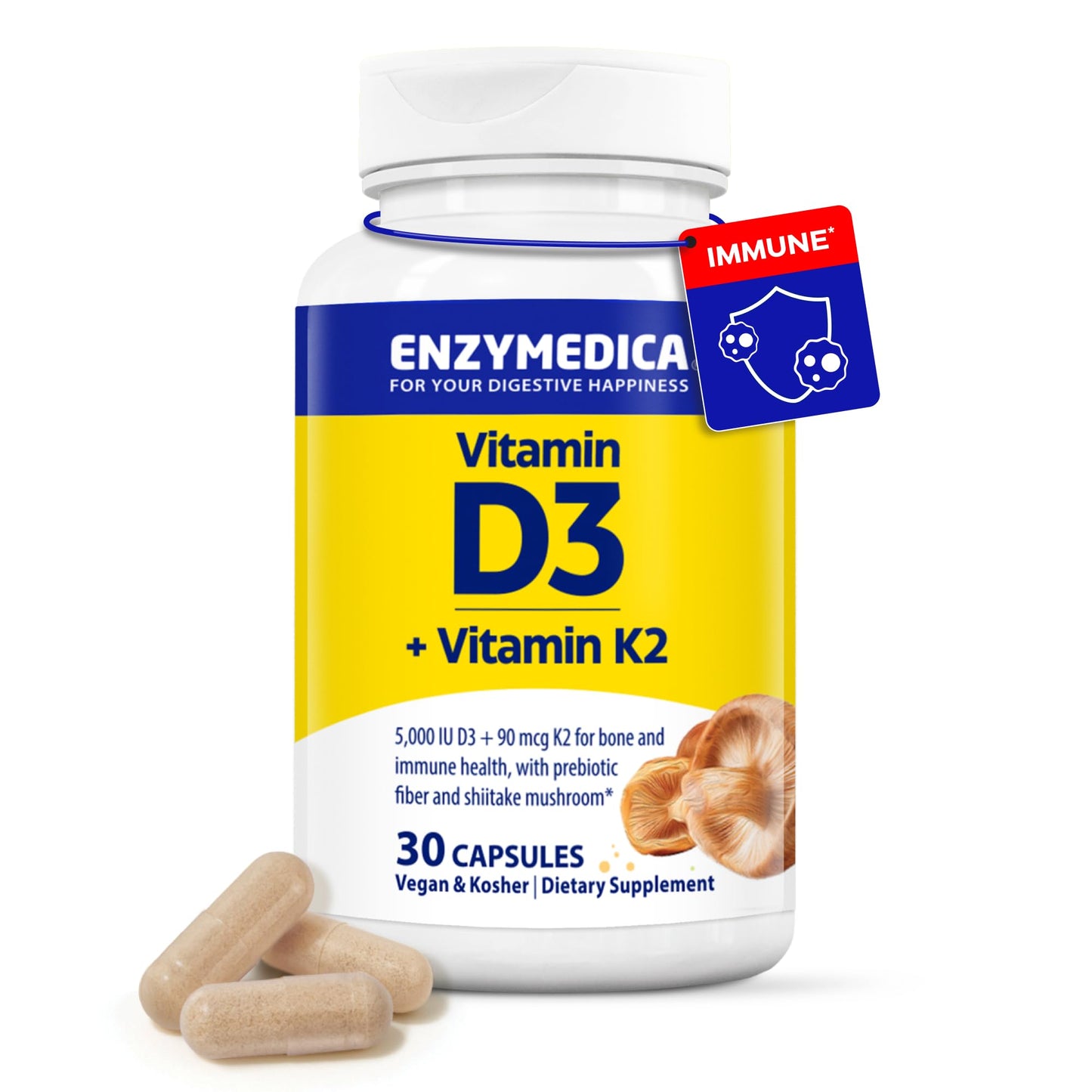 Enzymedica Vitamin D3 and K2 Supplement Caps for Men & Women - VIT D3 5000 IU & VIT K2 MK-7 90 mcg, Immune & Bone Health Support, Features Shitake Mushrooms & Prebiotic Fiber, Vegan - 60 Capsules