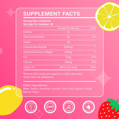 Creatine for Women, Creatine Monohydrate Gummies with Collagen, Vitamin D3 & Calcium for Muscle Support & Energy, Flavored Sugar Free Creatine Gummies Post & Pre Workout Supplements for Women, 120 Ct