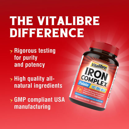 Iron Supplement for Women & Men, with Vitamins C, B6, B12 & Folate | for Iron Deficiency, Blood Building & Energy Support, Stomach Friendly, Better Absorption, Non-GMO, No Gluten, 60 Vegan Caps