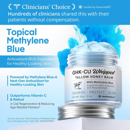 HealthyDerm Copper Peptides GHK-Cu Beef Tallow for Skin: Blue Balm with Methylene Blue, Manuka Honey & Vitamin E – Natural Face and Body Moisturizer for Mature, Dry & Sensitive Skin – 2oz