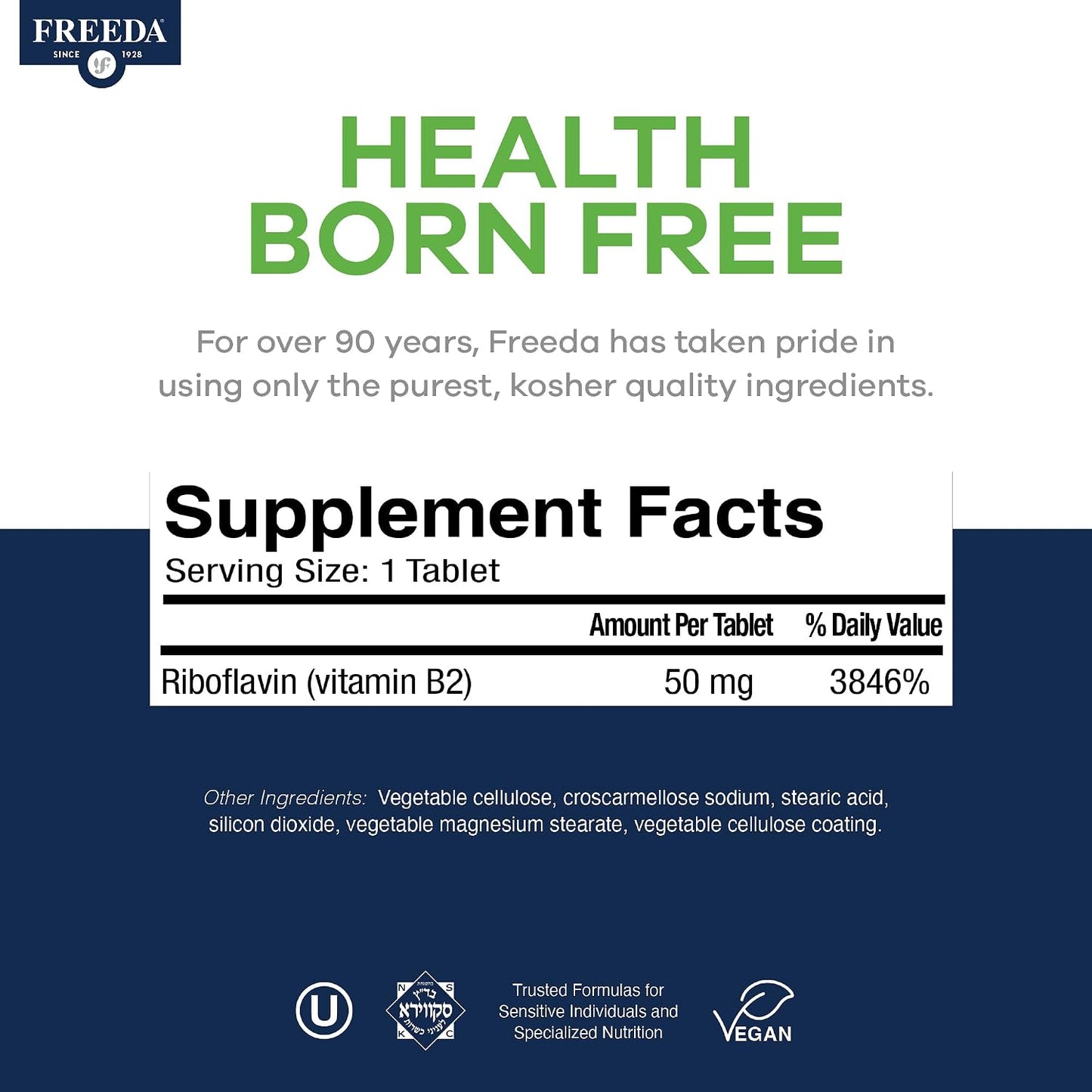 FREEDA Riboflavin Vitamin B2 Supplement - 50mg - 100 Tablets | Vegan & Kosher Riboflavin B2 50mg Tablets - Support Energy, Brain Function, Metabolism, and Nervous System Health