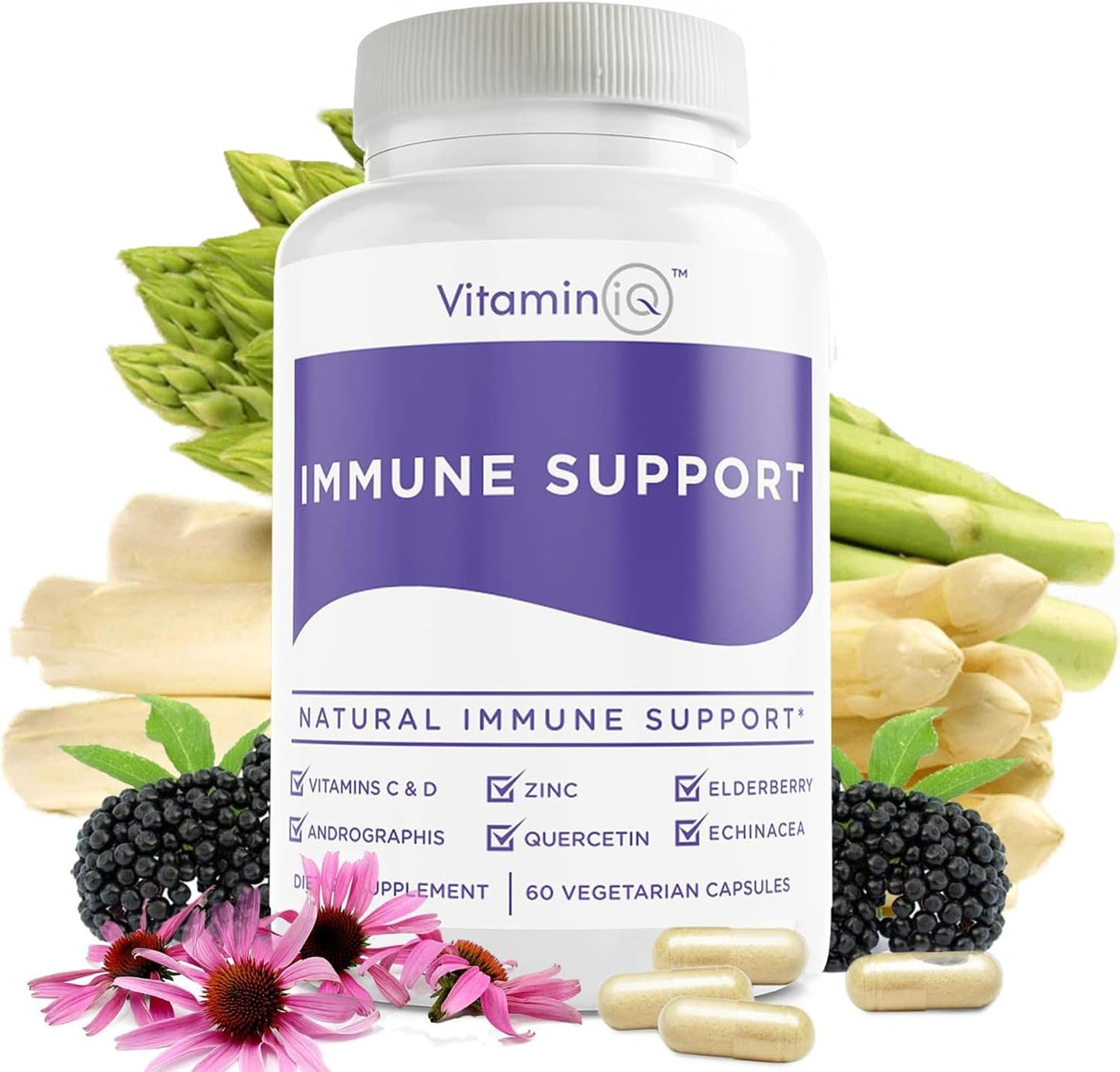 Immune Support Supplement with Vitamin C and Zinc, Sambucus Elderberry, Vitamin D3, Glutathione, Echinacea Capsules - Natural Immune Booster Herbal Supplements - Vegan, Gluten-Free (60ct)