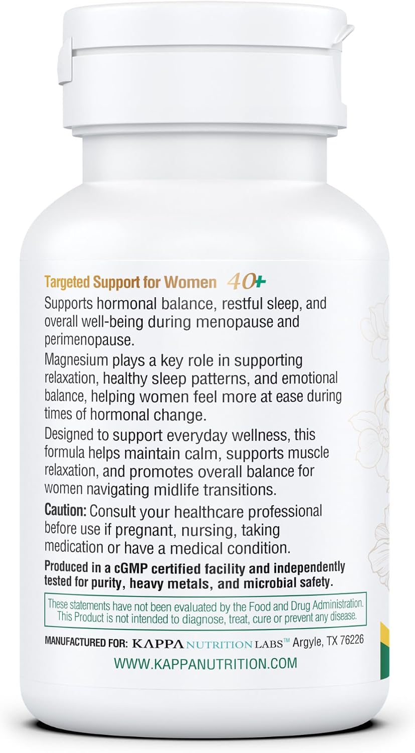 Kappa Nutrition® Magnesium for Menopause | Menopause & Hormonal Support for Women 40+ | Albion® Magnesium Biocomplex | Supports Calm, Sleep & Muscle Relaxation | Vegan | 90 Capsules (45 Servings)