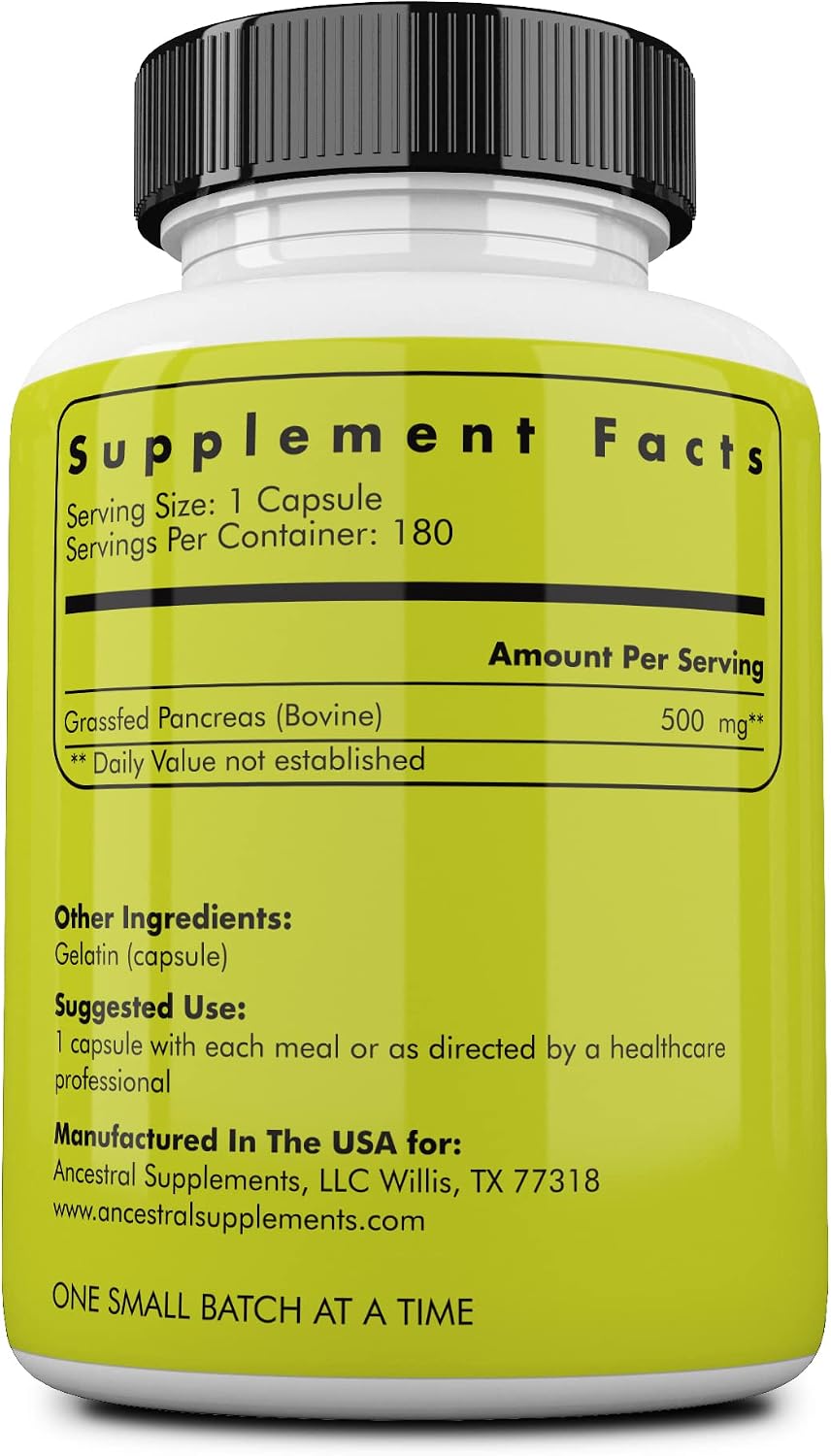 Ancestral Supplements Grass Fed Beef Pancreas Supplement, 500mg, Pancreatic Support with Proteolytic Digestive Enzymes for Digestion Support, Including Trypsin, Non GMO, 180 Capsules (Pack of 2)