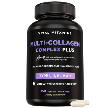 Vital Vitamins Multi Collagen Complex Plus - with Biotin, Hyaluronic Acid, Vitamin C - Type I, II, III, V, X - for Women & Men - Hair, Skin