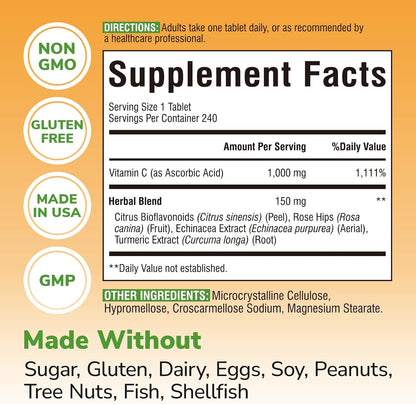 Vitalibre Vitamin C 1000mg, with Citrus Bioflavonoids, Rose Hips, Echinacea & Turmeric, Immune Support, Antioxidant Protection, Collagen Production, 240 Vegan Tabs