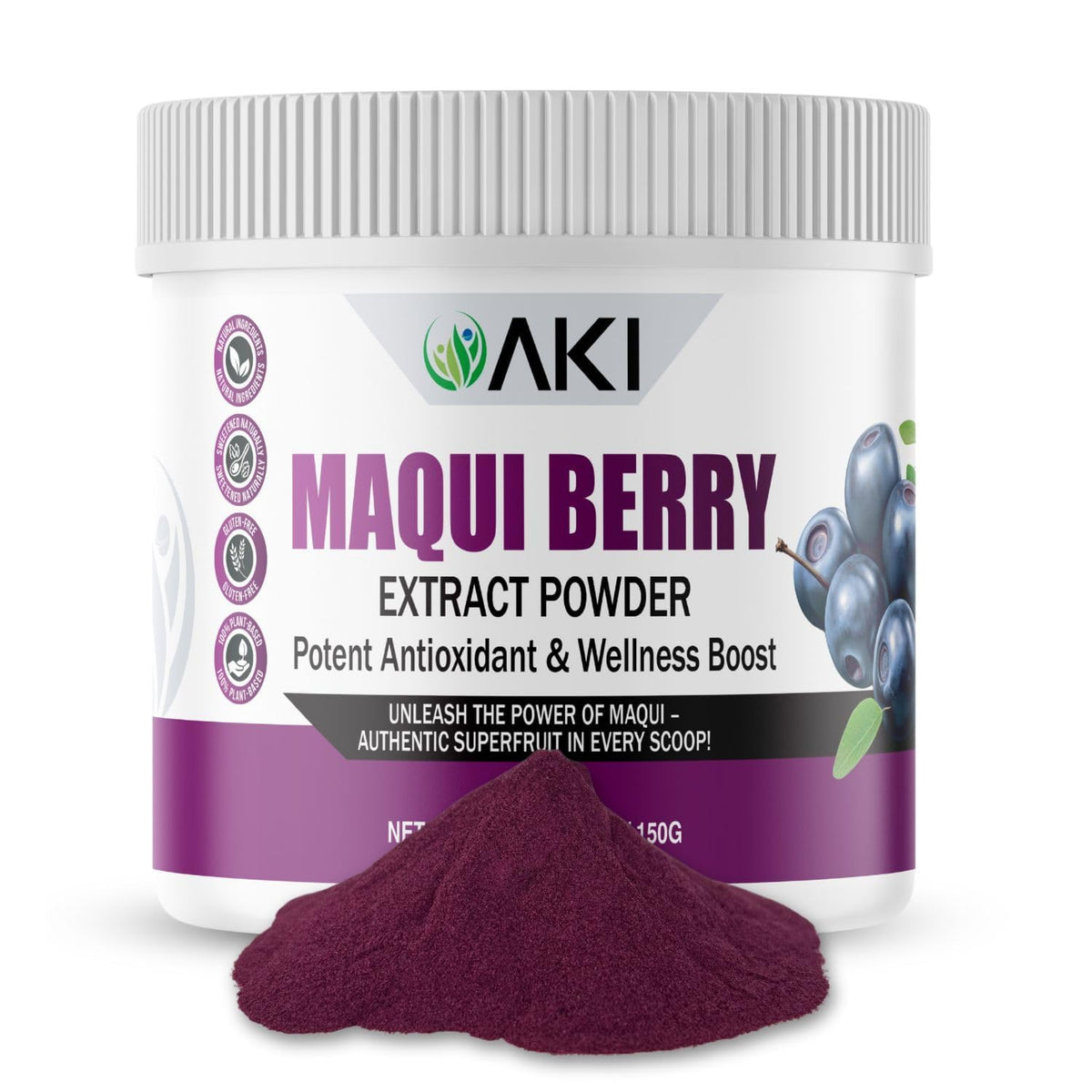 MAKI Maqui Berry Extract Powder container with powder spilling out on a white background