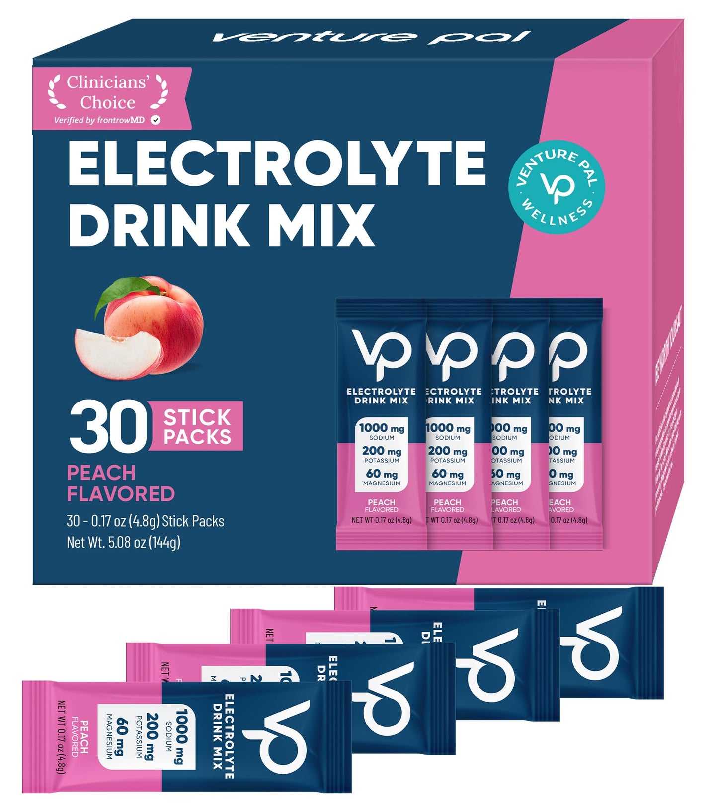 Venture Pal High Sodium Sugar-Free Electrolytes Powder Packets, 16 Sticks | Hydration Packets with Sodium, Potassium & Magnesium, Zero Calories, Keto, Vegan, and Paleo Friendly