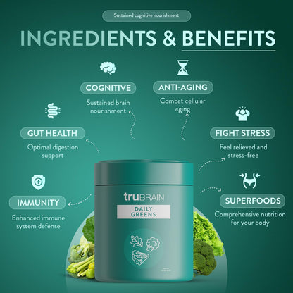 TruBrain Daily Greens: Sustained Brain Nourishment | 75 Plant-Based Ingredients, Superfoods, & Probiotics in Greens Powder | Vegan, Paleo, Keto-Friendly