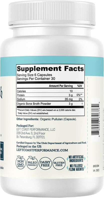 Grass-Fed Bone Broth Capsules with Collagen from Organic Bone Broth Powder. Collagen Supplement for Nails, Hair, Joints and Digestive Health* Support. Gut Friendly-Ingredients, 180 Capsules