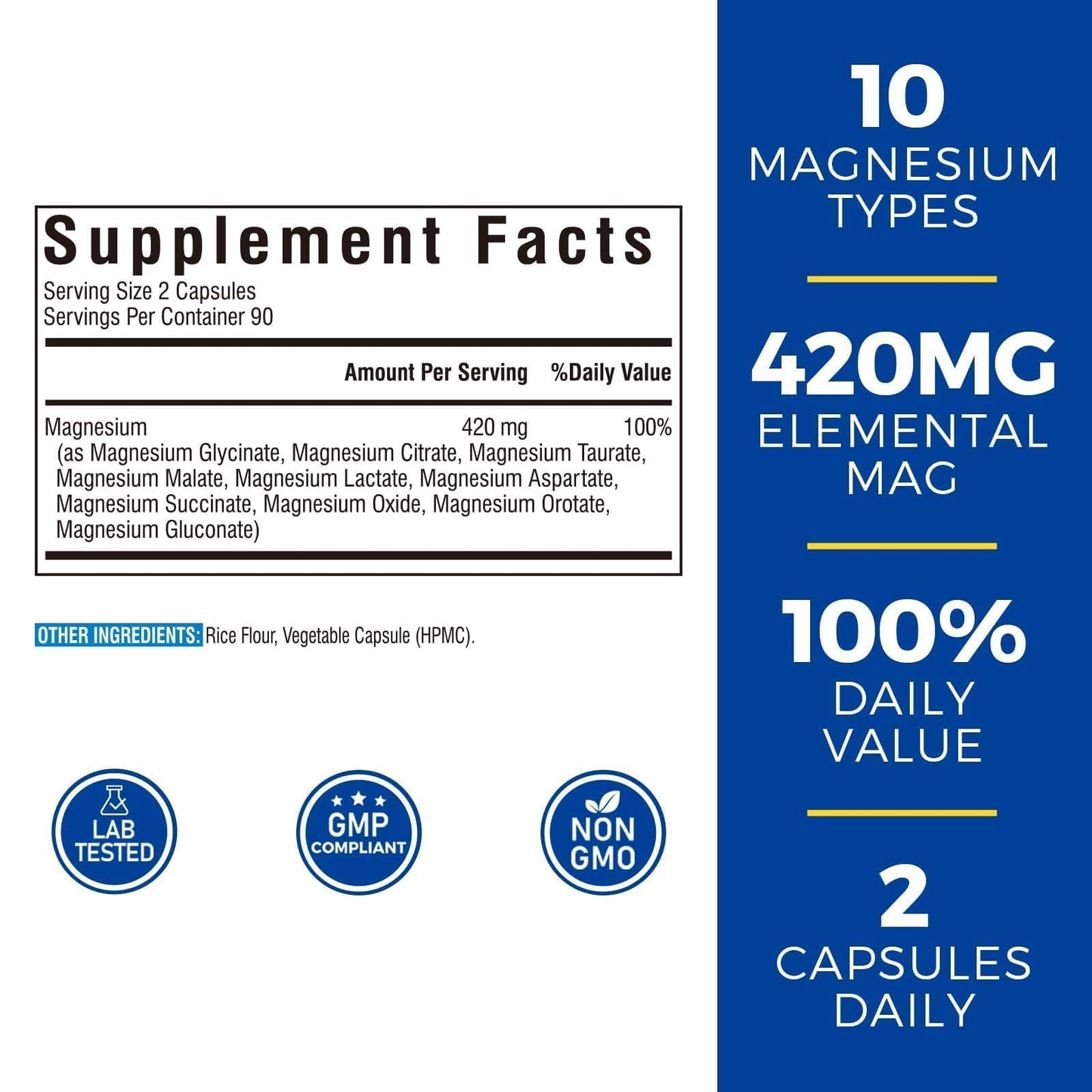 Vitalibre 10 in 1 Magnesium Complex, 420mg Elemental Magnesium 120 Capsules | Ultra Strength, Max Absorption | Chelated Magnesium Supplement for Women Men Nerves, Bone & Heart Health | Non-GMO