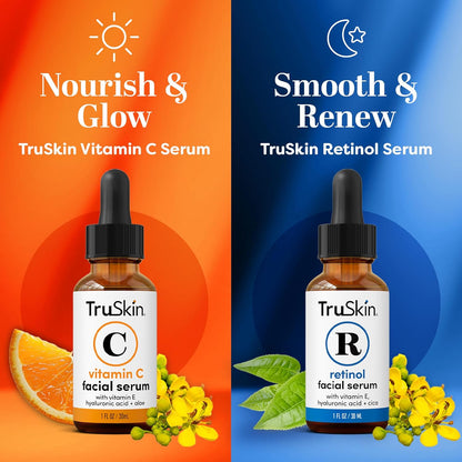 TruSkin Face Serum Duo - Vitamin C Serum & Retinol Serum for Face - AM & PM Anti Aging Skincare Routine - Brightening & Smoothing Facial Serums, 1 fl oz Each
