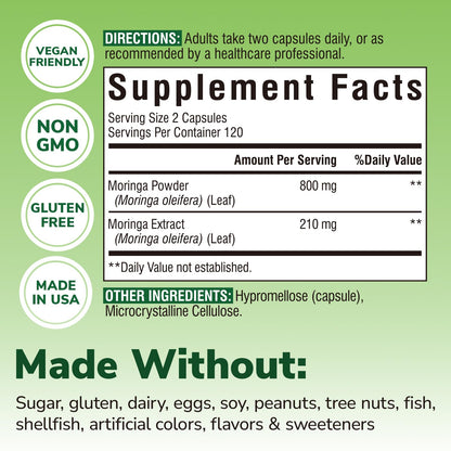 Moringa 1,010 mg, Maximum Potency, Complete Green Superfood, Rich in Antioxidants, No Gluten & Caffeine, Non-GMO, Energy, Immune, Gut & Skin Health, 90 Vegan Capsules