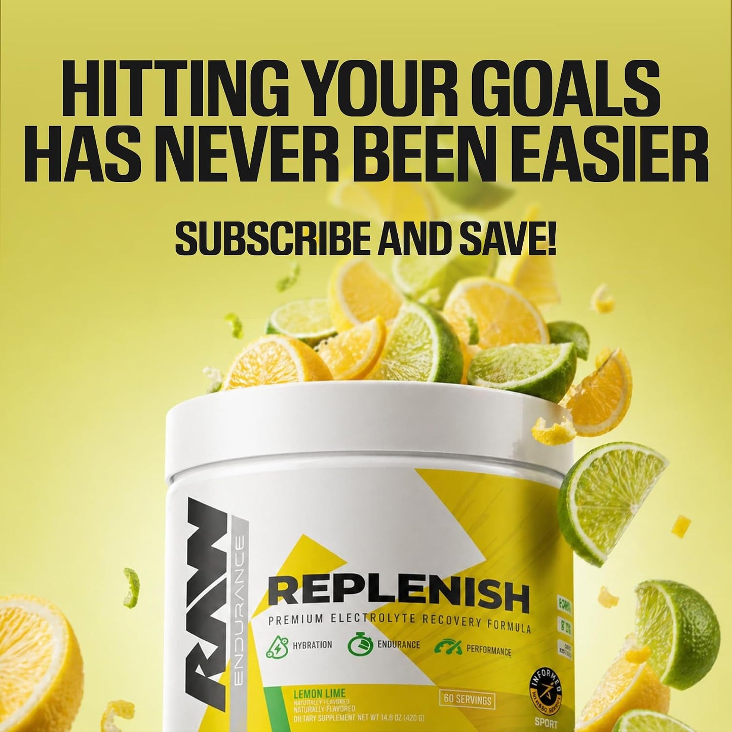 RAW Replenish, Premium Electrolytes Powder Recovery Formula, Lemon Lime (60 Servings) - Flavored Electrolyte Drink Mix Supplement for Hydration, Replenishment, Endurance & Performance Workouts
