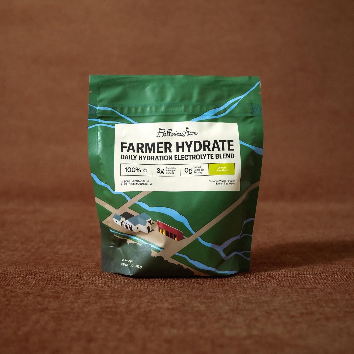 Ballerina Farm Farmer Hydrate Lemon Lime Basil Electrolytes Powder | Organic Coconut Water, Irish Sea Moss, French Sea Salt, No Added Sugar, Prebiotic Fiber, 25 Servings