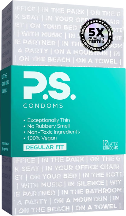 PS Condoms Exceptionally Thin Latex Condoms, Clean & Odorless, 12 Pack | Individually tested, 0.045 mm natural rubber, 40% thinner, lubricated, vegan, and free of PFAS, gluten, glycerin and parabens