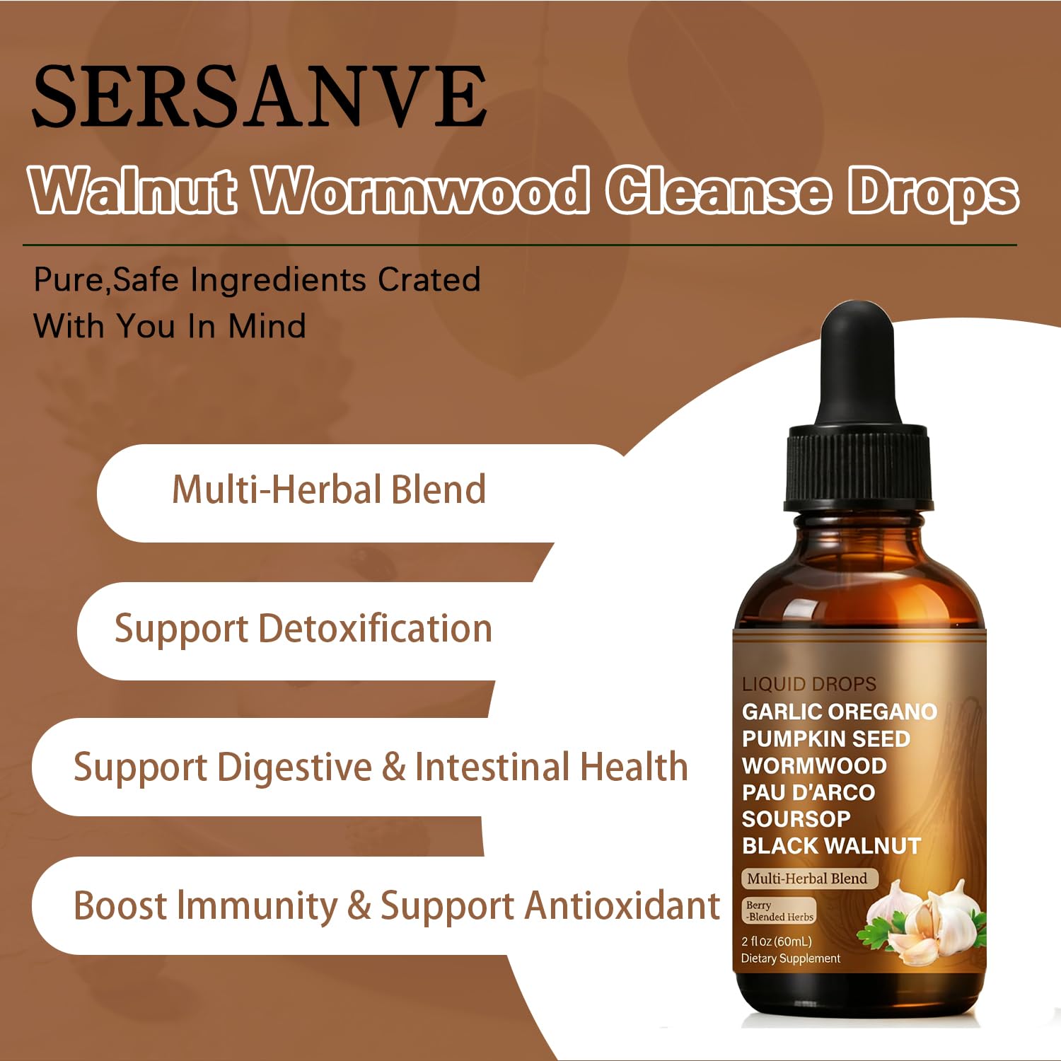 SERSANVE Natural Black Walnut Wormwood Gut Cleanse | Black Walnut Clove Drops with Pumpkin Seed, PAU D’Arco, Soursop, Garlic and Oregano | Vegan, Alcohol-Free Formula for Digestion Support, 2 fl oz SERSANVE buy supplements Au