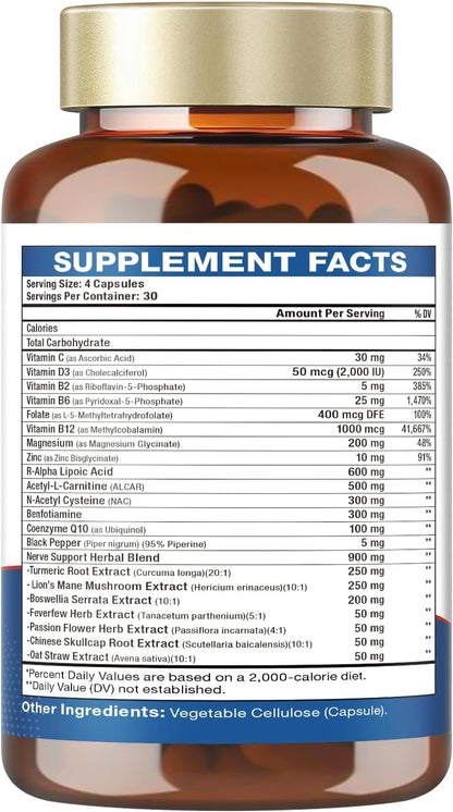 Totaria Alpha Lipoic Acid Neuropathy Supplement - Nerve Health, R Alpha Lipoic Acid 600mg, ALA Supplement Healthy Nerve Function Metabolism and Cell Energy, Non-GMO, Gluten Free, Vegan Safe